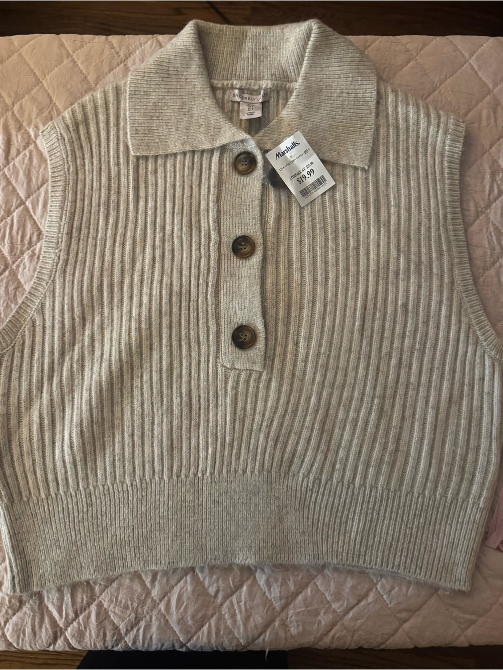 Marshalls Ribbed Sleeveless Polo Sweater Vest - Light Beige